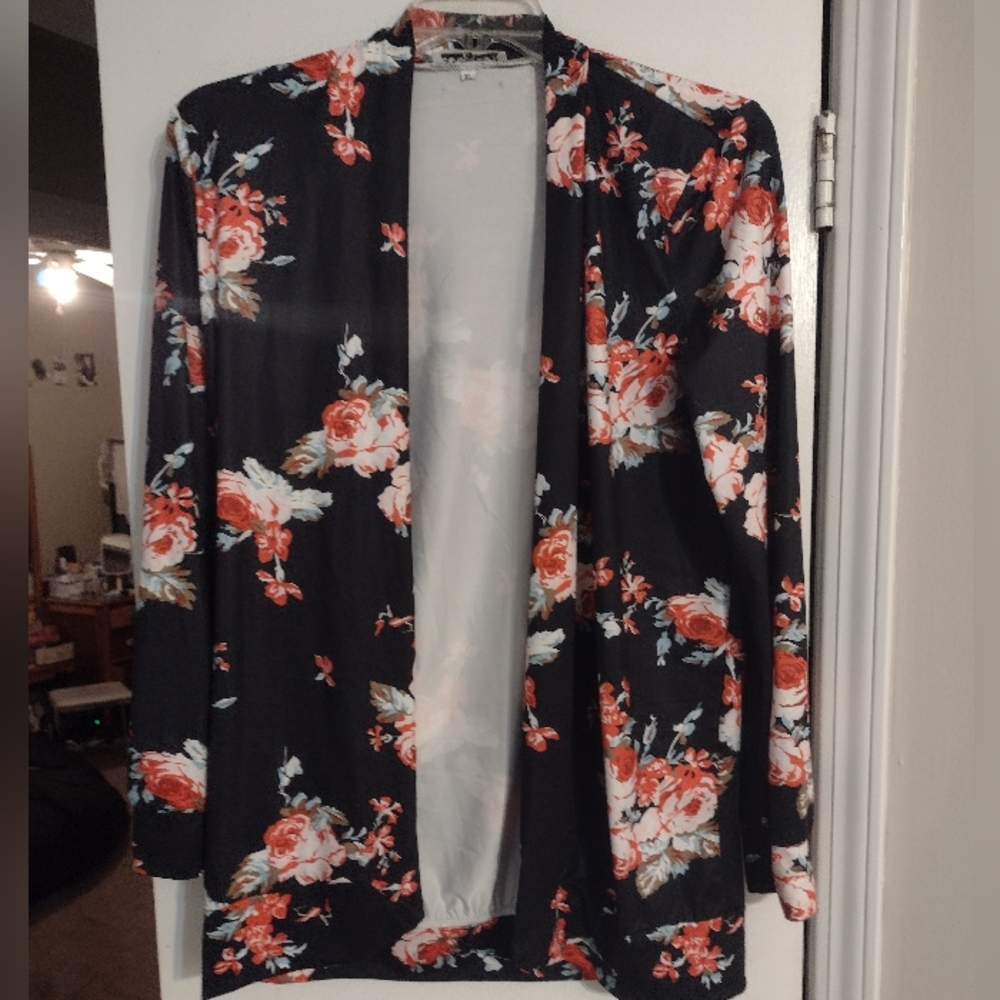 Ecowish Open Front Cardigan Sweater Black Womens Size Extra Large Floral Print